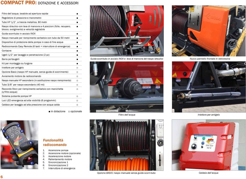 pompa in caso di fine acqua Radiocomando Easy Remote (6 tasti + interruttore di emergenza) Contaore Ugelli 1/2 per lavaggio e penetrazione (2 pz) Barra portaugelli Guida scorritubo in acciaio INOX e