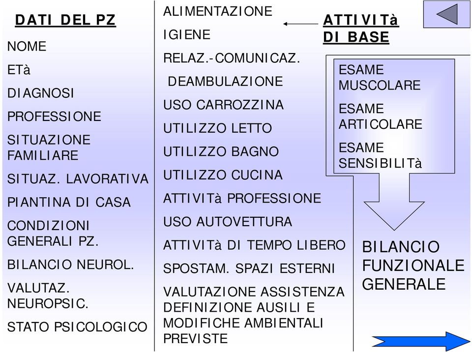 DEAMBULAZIONE USO CARROZZINA UTILIZZO LETTO UTILIZZO BAGNO UTILIZZO CUCINA ATTIVITà PROFESSIONE USO AUTOVETTURA ATTIVITà DI TEMPO LIBERO