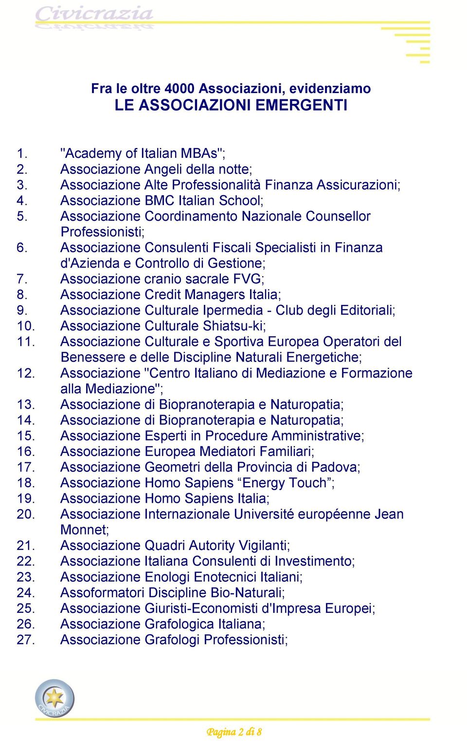 Associazione cranio sacrale FVG; 8. Associazione Credit Managers Italia; 9. Associazione Culturale Ipermedia - Club degli Editoriali; 10. Associazione Culturale Shiatsu-ki; 11.