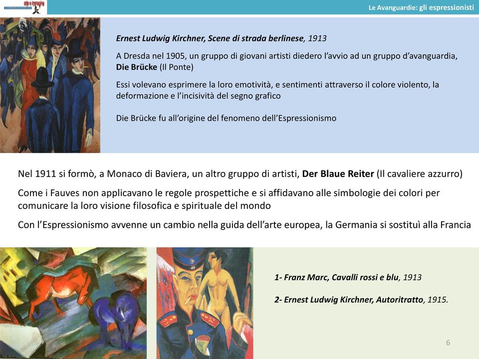 Espressionismo Nel 1911 si formò, a Monaco di Baviera, un altro gruppo di artisti, Der Blaue Reiter (Il cavaliere azzurro) Come i Fauves non applicavano le regole prospettiche e si affidavano alle