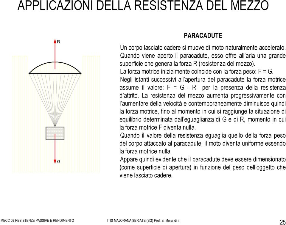 egli istanti successivi all apertura del paracadute la forza motrice assume il valore: F G - R per la presenza della resistenza d attrito.