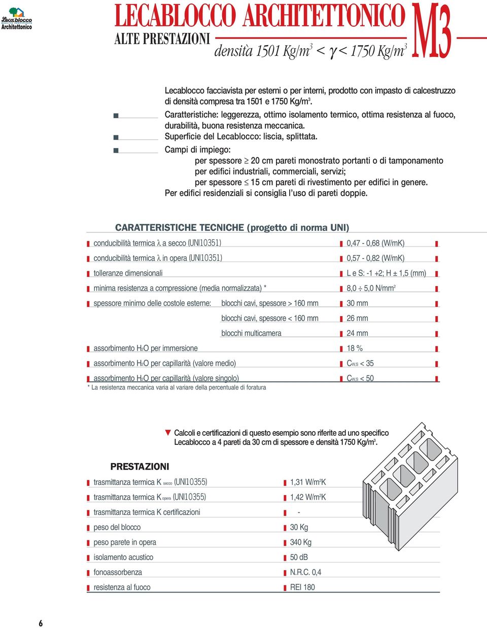 Campi di impiego: per spessore 20 cm pareti monostrato portanti o di tamponamento per edifici industriali, commerciali, servizi; per spessore 15 cm pareti di rivestimento per edifici in genere.