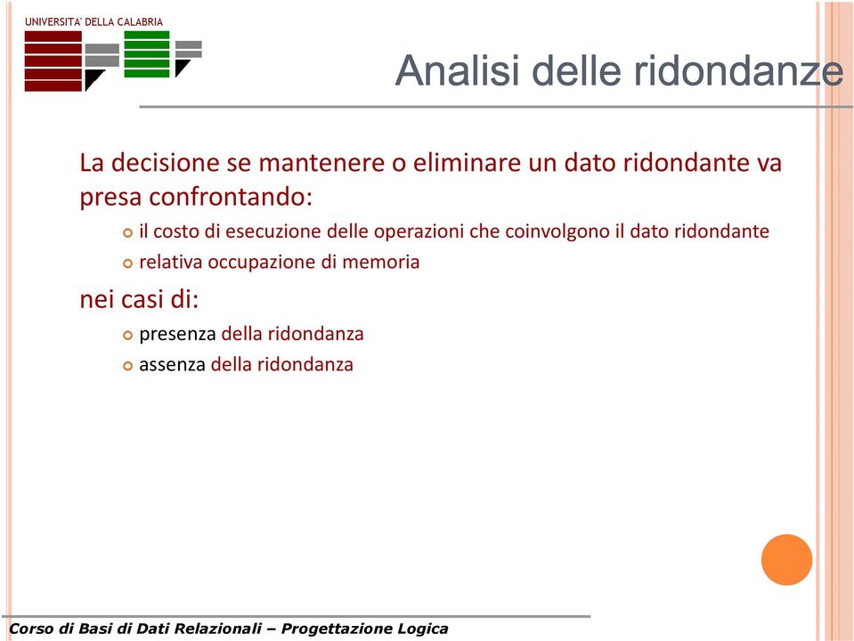 operazioni che coinvolgono il dato ridondante relativa occupazione