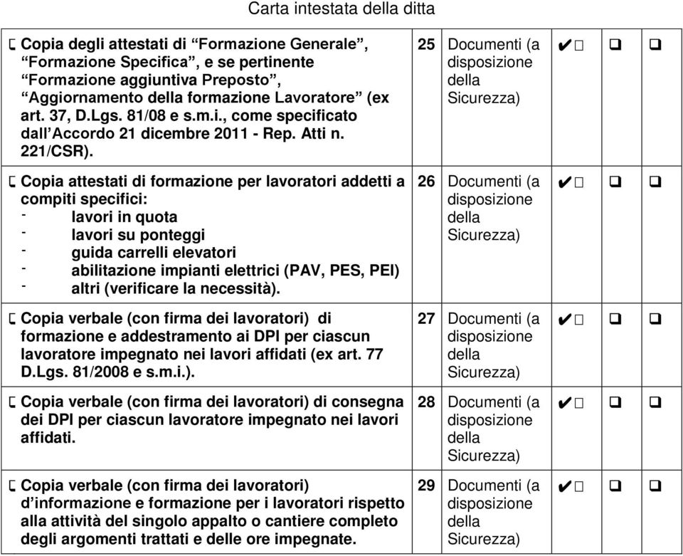 Copia attestati di formazione per lavoratori addetti a compiti specifici: - lavori in quota - lavori su ponteggi - guida carrelli elevatori - abilitazione impianti elettrici (PAV, PES, PEI) - altri