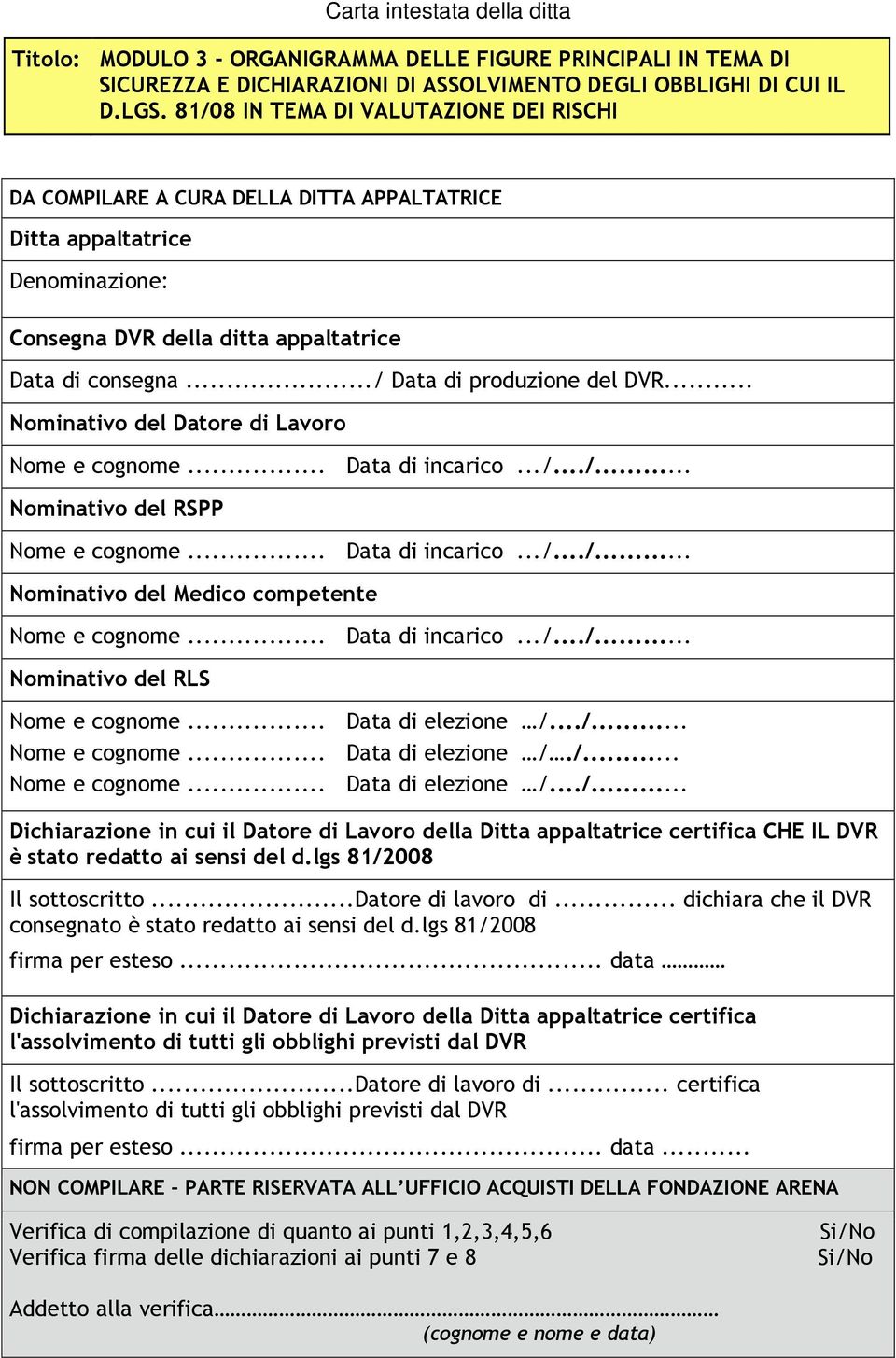 .. Nominativo del Datore di Lavoro Nome e cognome... Data di incarico.../.../... Nominativo del RSPP Nome e cognome... Data di incarico.../.../... Nominativo del Medico competente Nome e cognome.