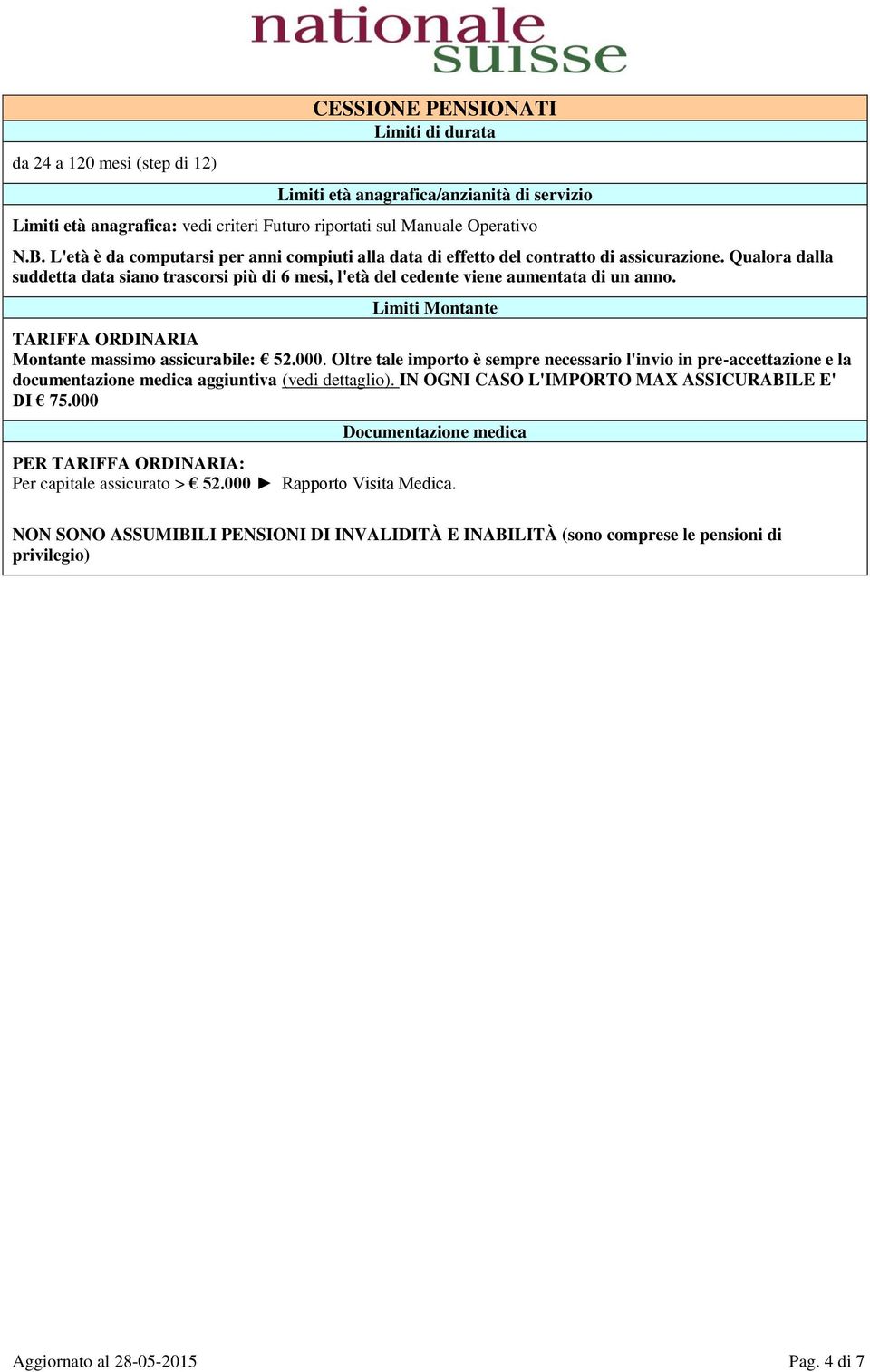 IN OGNI CASO L'IMPORTO MAX ASSICURABILE E' DI 75.000 PER TARIFFA ORDINARIA: Per capitale assicurato > 52.