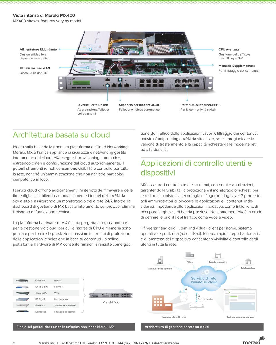 10 Gb Ethernet/SFP+ Per la connettività switch Architettura basata su cloud Ideata sulla base della rinomata piattaforma di Cloud Networking Meraki, MX è l unica appliance di sicurezza e networking