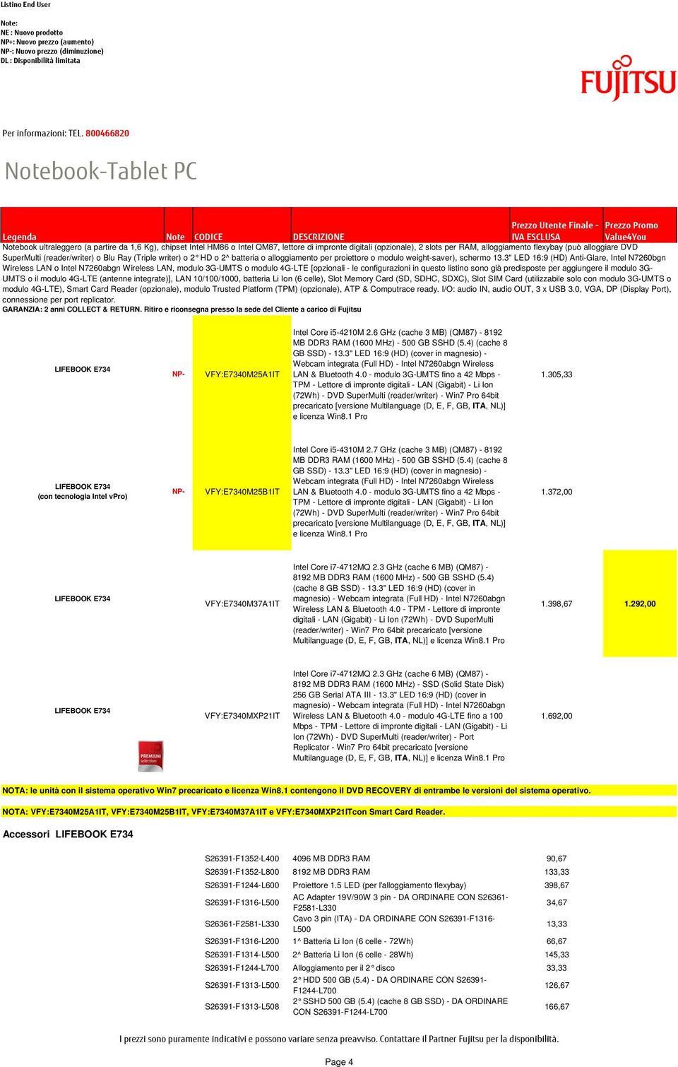 3" LED 16:9 (HD) Anti-Glare, Intel N7260bgn Wireless LAN o Intel N7260abgn Wireless LAN, modulo 3G-UMTS o modulo 4G-LTE [opzionali - le configurazioni in questo listino sono già predisposte per