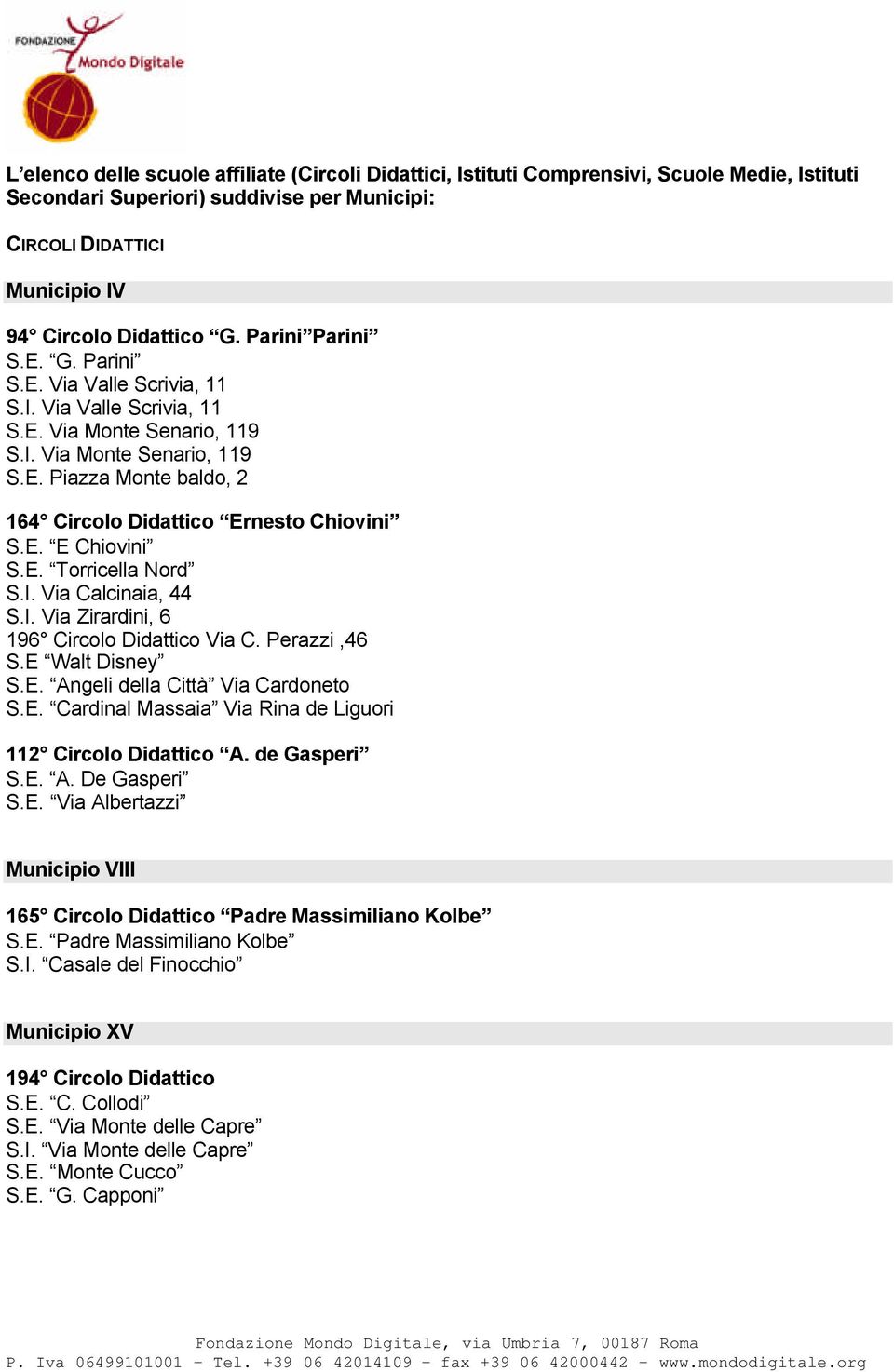 E. E Chiovini S.E. Torricella Nord S.I. Via Calcinaia, 44 S.I. Via Zirardini, 6 196 Circolo Didattico Via C. Perazzi,46 S.E Walt Disney S.E. Angeli della Città Via Cardoneto S.E. Cardinal Massaia Via Rina de Liguori 112 Circolo Didattico A.
