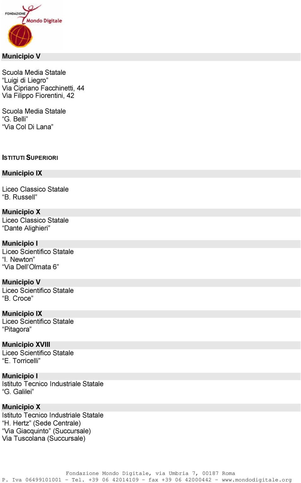 Russell Municipio X Liceo Classico Statale Dante Alighieri Municipio I I. Newton Via Dell Olmata 6 Municipio V B.