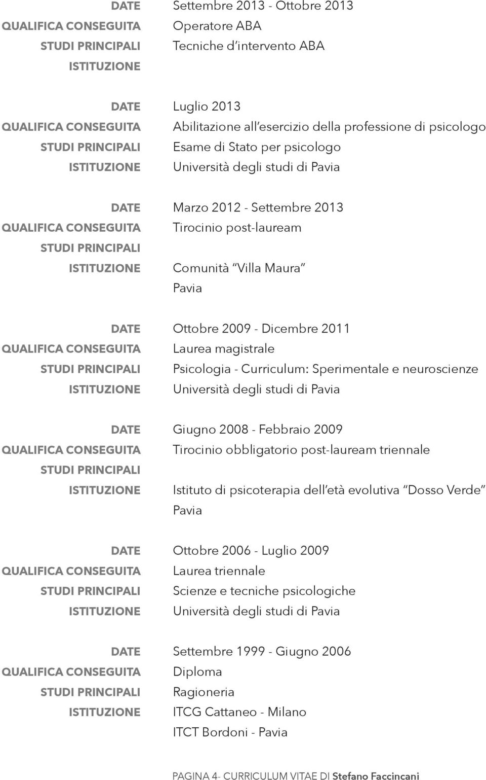 Università degli studi di Giugno 2008 - Febbraio 2009 Tirocinio obbligatorio post-lauream triennale Istituto di psicoterapia dell età evolutiva Dosso Verde Ottobre 2006 - Luglio 2009 Laurea