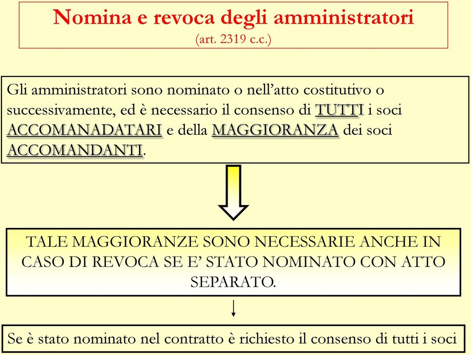 c.) Gli amministratori sono nominato o nell atto costitutivo o successivamente, ed è necessario il