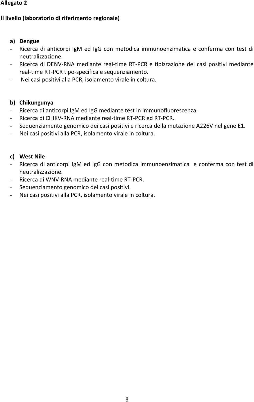 b) Chikungunya - Ricerca di anticorpi IgM ed IgG mediante test in immunofluorescenza. - Ricerca di CHIKV-RNA mediante real-time RT-PCR ed RT-PCR.