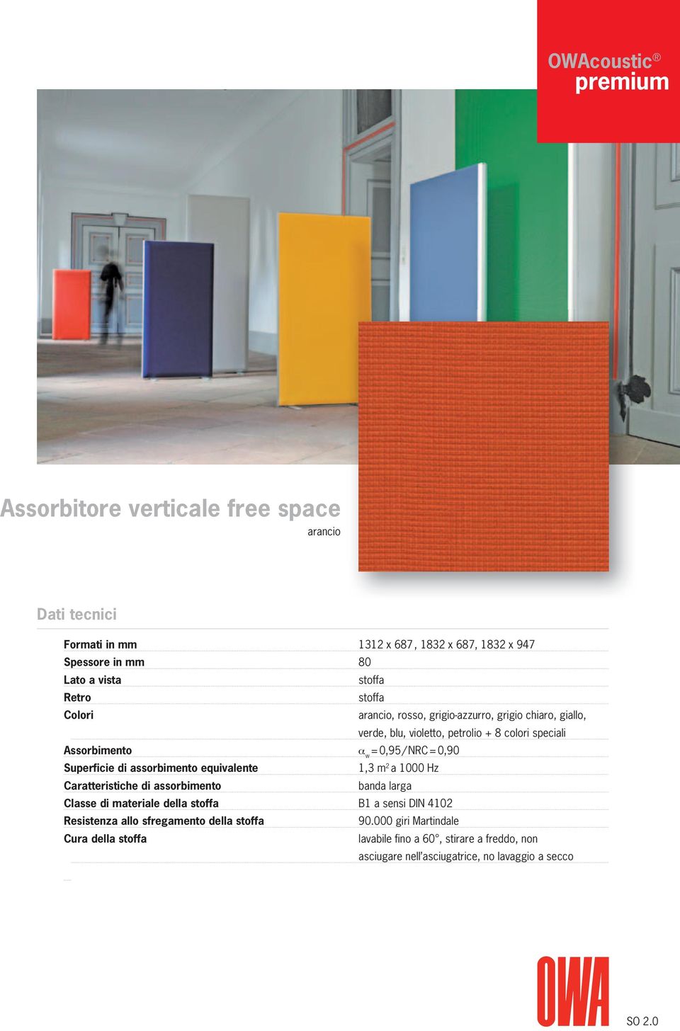 Superficie di assorbimento equivalente 1,3 m 2 a 1000 Hz Caratteristiche di assorbimento banda larga Classe di materiale della stoffa B1 a sensi DIN 4102