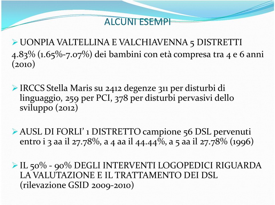 259 per PCI, 378 per disturbi pervasivi dello sviluppo (2012) AUSL DI FORLI 1 DISTRETTO campione 56 DSL pervenuti entro i 3