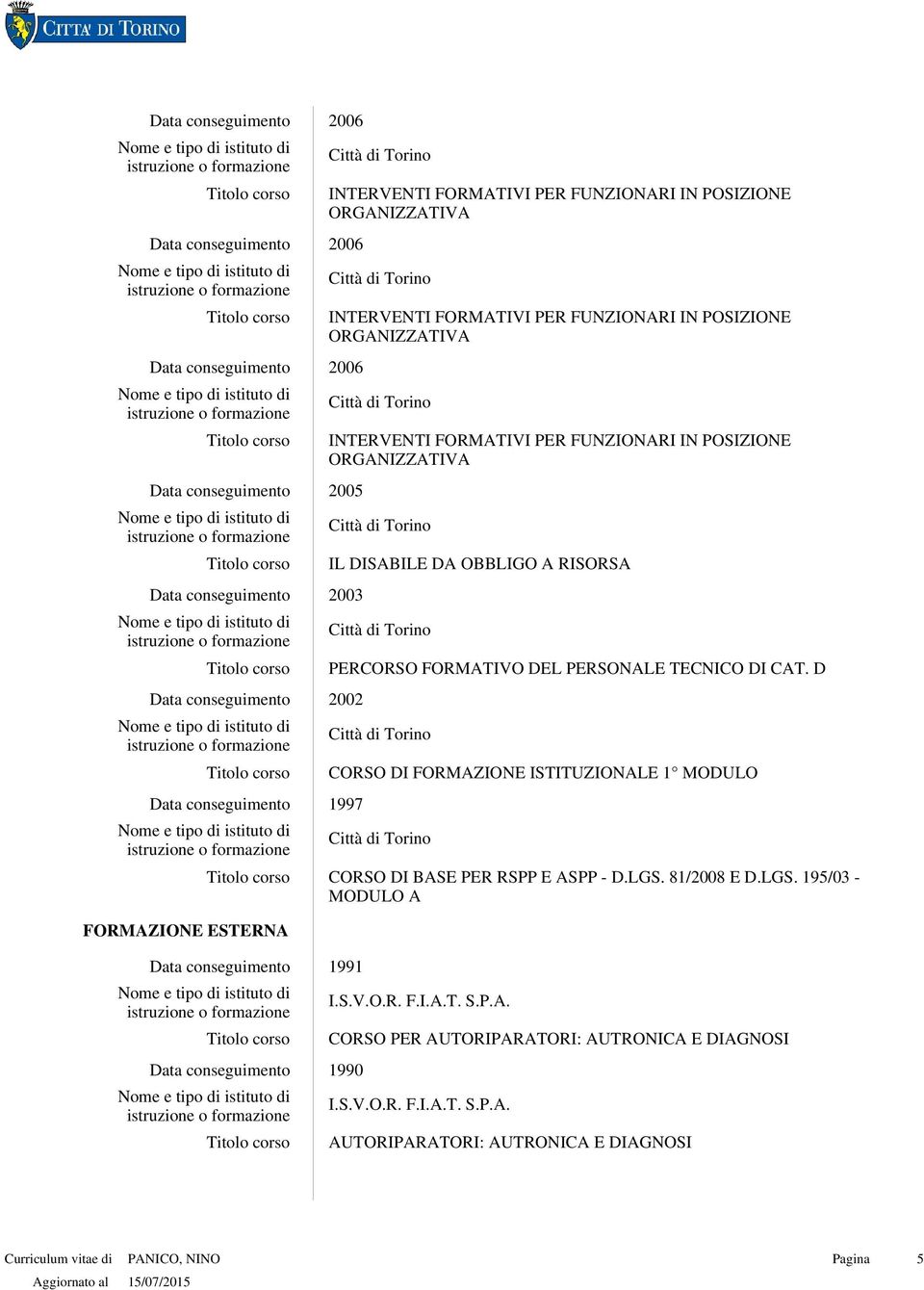 DI CAT. D 2002 CORSO DI FORMAZIONE ISTITUZIONALE 1 MODULO 1997 CORSO DI BASE PER RSPP E ASPP D.LGS. 81/2008 E D.LGS. 195/03 MODULO A FORMAZIONE ESTERNA 1991 I.