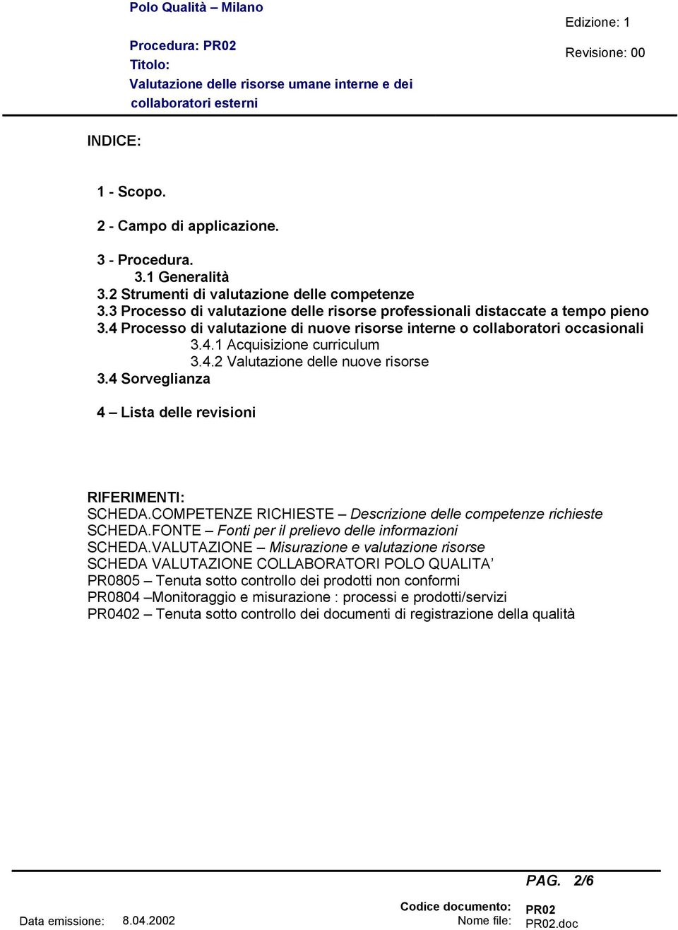 4 Sorveglianza 4 Lista delle revisioni RIFERIMENTI: SCHEDA.COMPETENZE RICHIESTE Descrizione delle competenze richieste SCHEDA.FONTE Fonti per il prelievo delle informazioni SCHEDA.