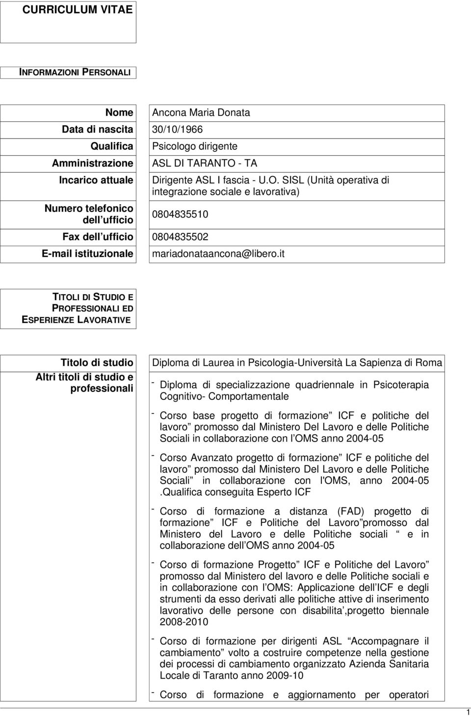 it TITOLI DI STUDIO E PROFESSIONALI ED ESPERIENZE LAVORATIVE Titolo di studio Altri titoli di studio e professionali Diploma di Laurea in Psicologia-Università La Sapienza di Roma - Diploma di