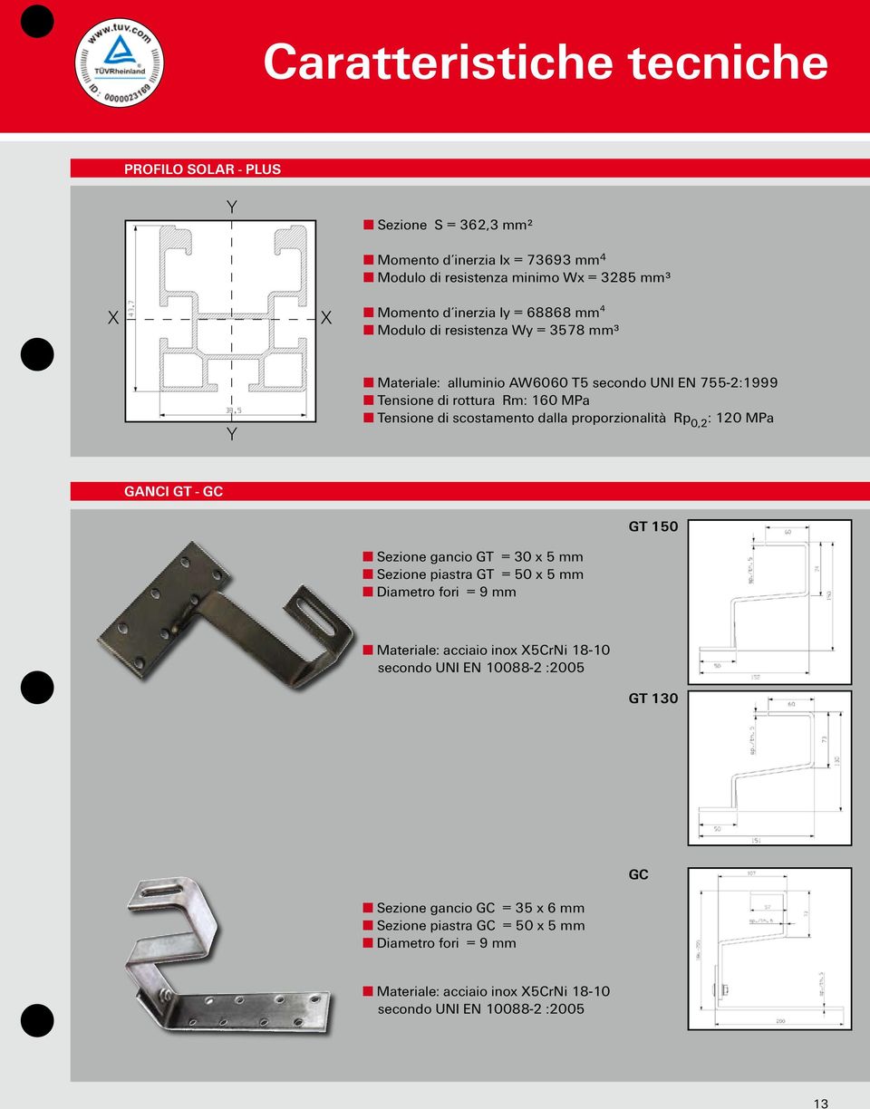 proporzionalità Rp 0,2 : 120 MPa GANCI GT - GC GT 150 Sezione gancio GT = 30 x 5 mm Sezione piastra GT = 50 x 5 mm Diametro fori = 9 mm Materiale: acciaio inox X5CrNi 18-10