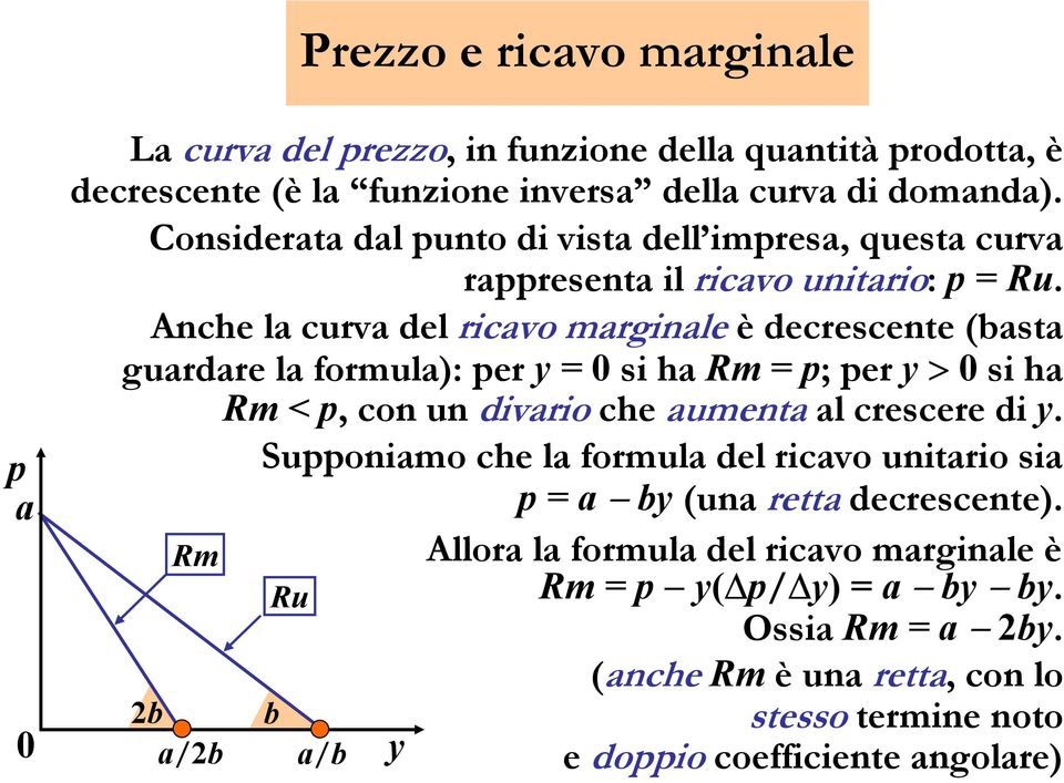 Anche la curva del ricavo marginale è decrescente (basta guardare la formula): per y = si ha Rm = p; per y > si ha Rm < p, con un divario che aumenta al crescere di y.