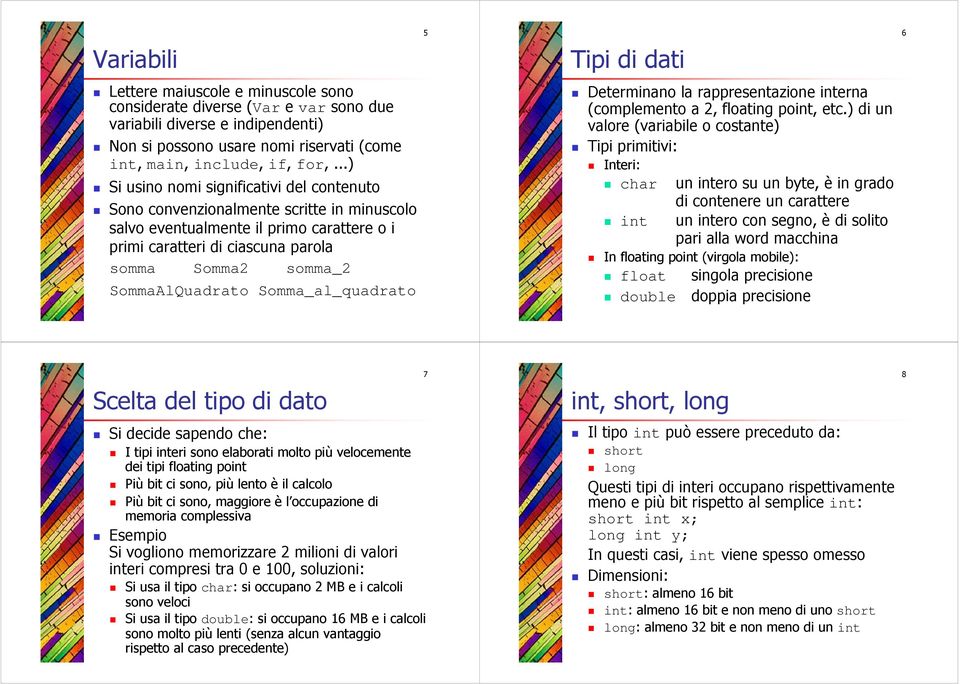 SommaAlQuadrato Somma_al_quadrato 5 Tipi di dati Determinano la rappresentazione interna (complemento a 2, floating point, etc.