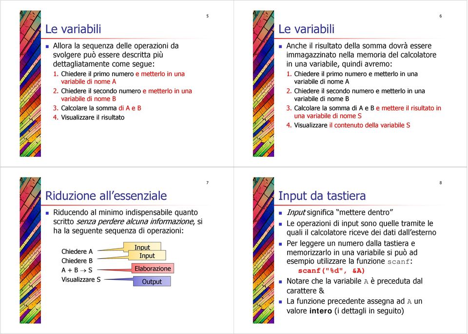 Visualizzare il risultato 5 Le variabili Anche il risultato della somma dovrà essere immagazzinato nella memoria del calcolatore in una variabile, quindi avremo: 1.