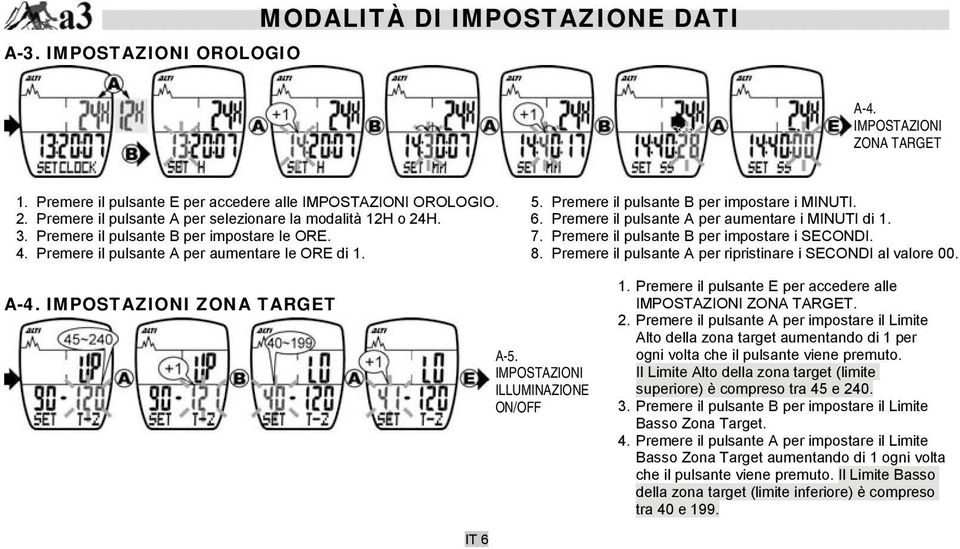 Premere il pulsante B per impostare i MINUTI. 6. Premere il pulsante A per aumentare i MINUTI di 1. 7. Premere il pulsante B per impostare i SECONDI. 8.