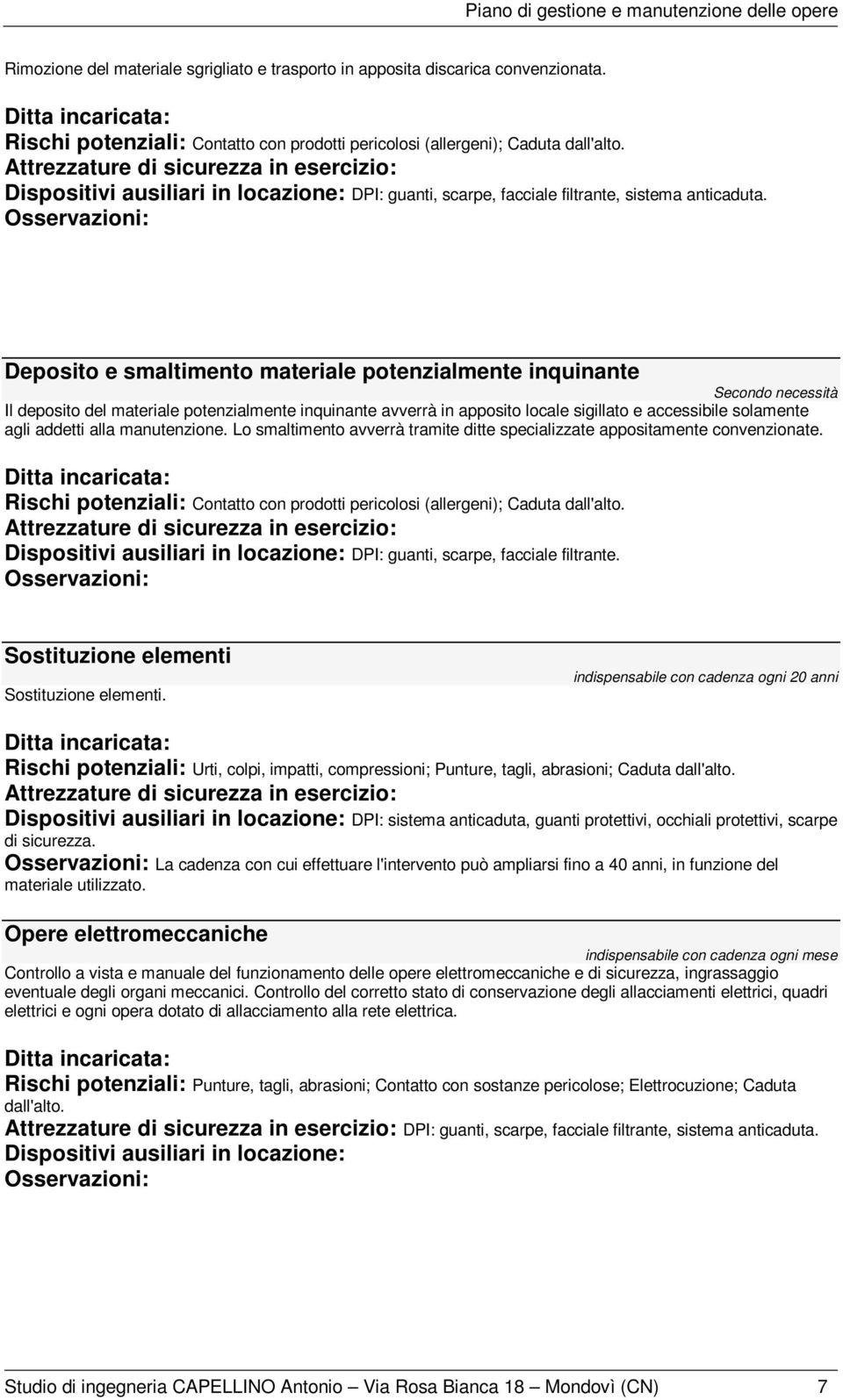 Deposito e smaltimento materiale potenzialmente inquinante Secondo necessità Il deposito del materiale potenzialmente inquinante avverrà in apposito locale sigillato e accessibile solamente agli