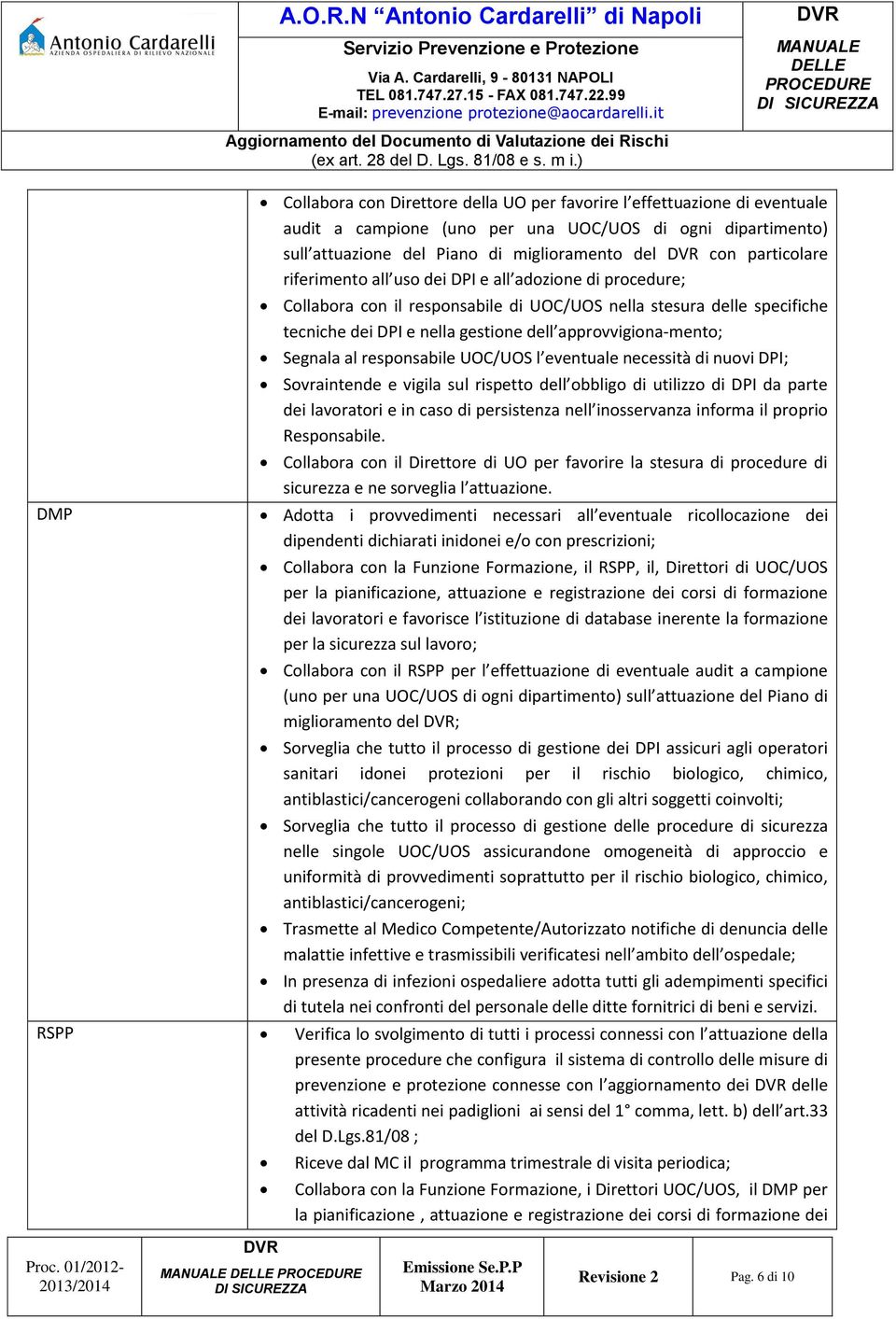 approvvigiona-mento; Segnala al responsabile UOC/UOS l eventuale necessità di nuovi DPI; Sovraintende e vigila sul rispetto dell obbligo di utilizzo di DPI da parte dei lavoratori e in caso di