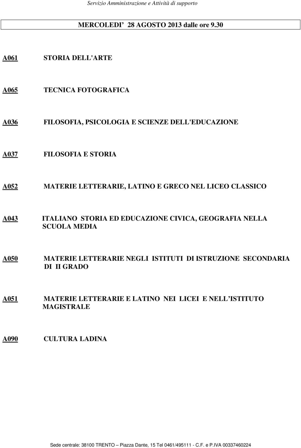 FILOSOFIA E STORIA A052 MATERIE LETTERARIE, LATINO E GRECO NEL LICEO CLASSICO A043 ITALIANO STORIA ED EDUCAZIONE