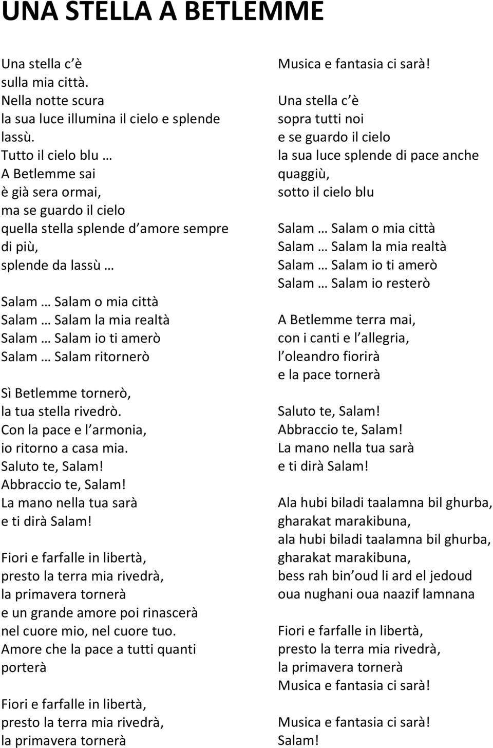 io ti amerò Salam Salam ritornerò Sì Betlemme tornerò, la tua stella rivedrò. Con la pace e l armonia, io ritorno a casa mia. Saluto te, Salam! Abbraccio te, Salam!