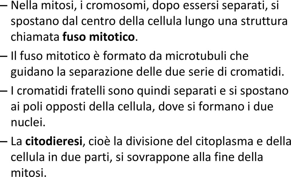 I cromatidi fratelli sono quindi separati e si spostano ai poli opposti della cellula, dove si formano i due nuclei.