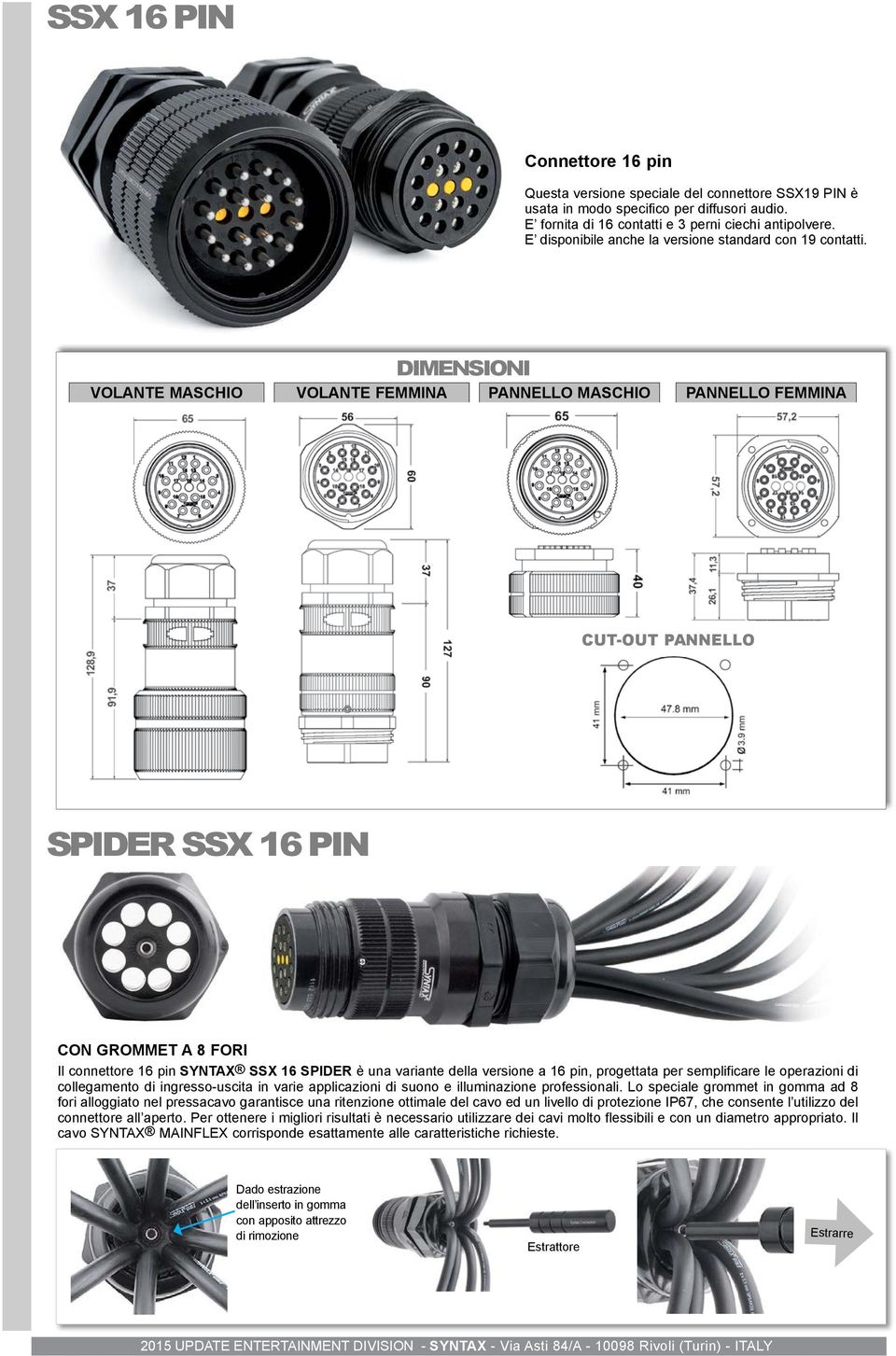 VOLANTE MASCHIO VOLANTE FEMMINA DIMENSIONI PANNELLO MASCHIO PANNELLO FEMMINA CUT-OUT PANNELLO SPIDER SSX 16 PIN CON GROMMET A 8 FORI Il connettore 16 pin SYNTAX SSX 16 SPIDER è una variante della