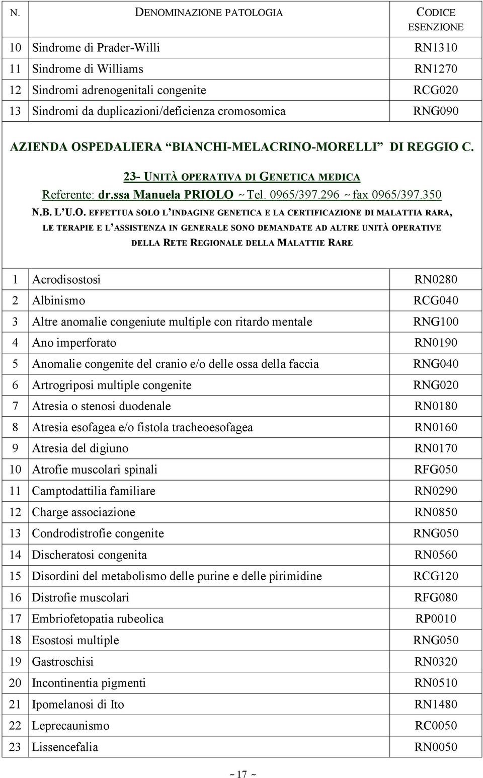 MORELLI DI REGGIO C. 23- UNITÀ OPERATIVA DI GENETICA MEDICA Referente: dr.ssa Manuela PRIOLO ~ Tel. 0965/397.296 ~ fax 0965/397.350 N.B. L U.O. EFFETTUA SOLO L INDAGINE GENETICA E LA CERTIFICAZIONE