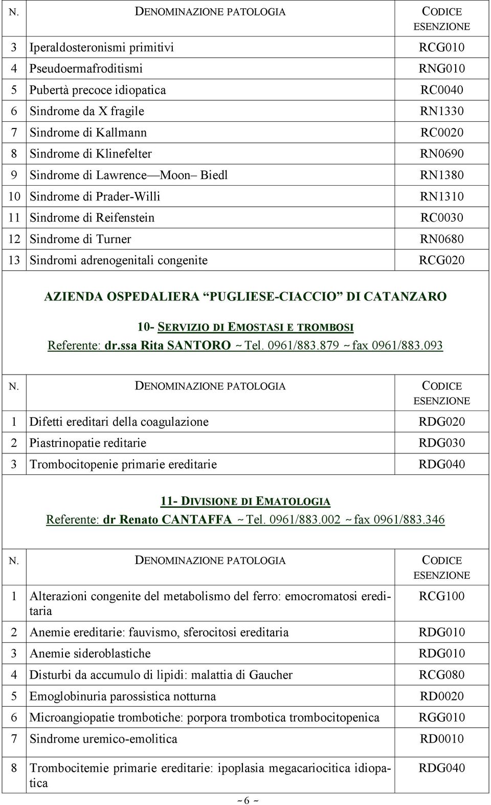 OSPEDALIERA PUGLIESE-CIACCIO DI CATANZARO 10- SERVIZIO DI EMOSTASI E TROMBOSI Referente: dr.ssa Rita SANTORO ~ Tel. 0961/883.879 ~ fax 0961/883.