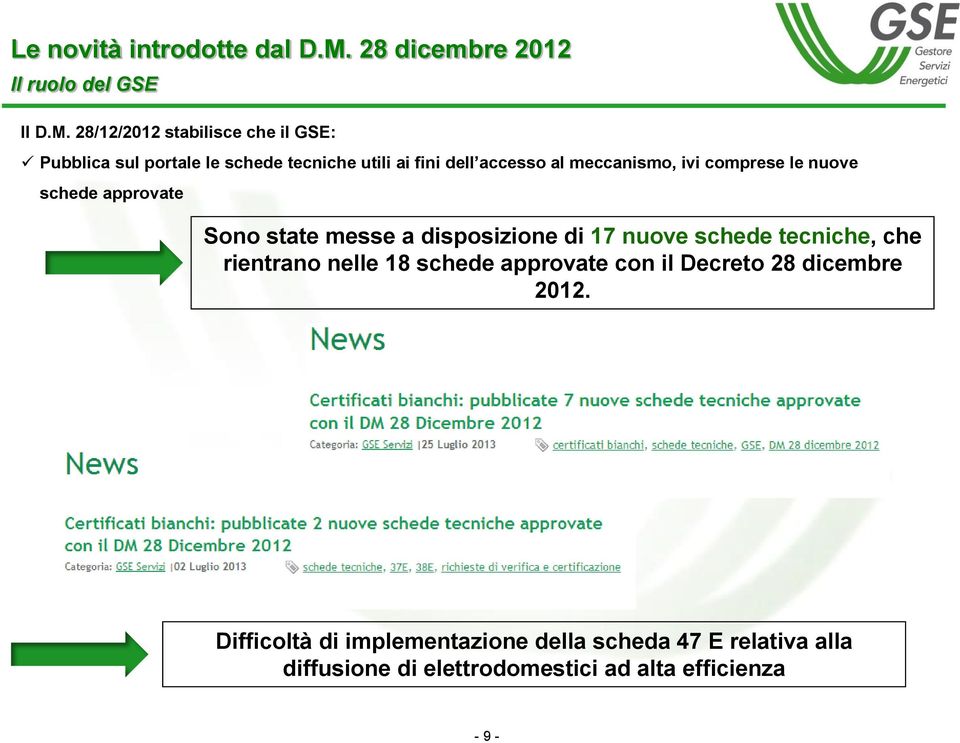 28/12/2012 stabilisce che il GSE: Pubblica sul portale le schede tecniche utili ai fini dell accesso al meccanismo, ivi