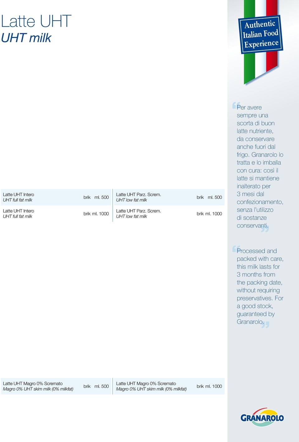Granarolo lo tratta e lo imballa con cura: così il latte si mantiene inalterato per 3 mesi dal confezionamento, senza l utilizzo di sostanze conservanti.