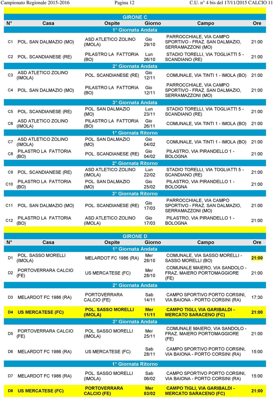 SAN DALMAZIO (MO) 23/11 26/11 1 rnata Ritorno POL. SAN DALMAZIO (MO) 04/02 POL. SCANDIANESE (RE) 04/02 2 rnata Ritorno POL. SAN DALMAZIO (MO) 22/02 25/02 3 rnata Ritorno C11 POL.