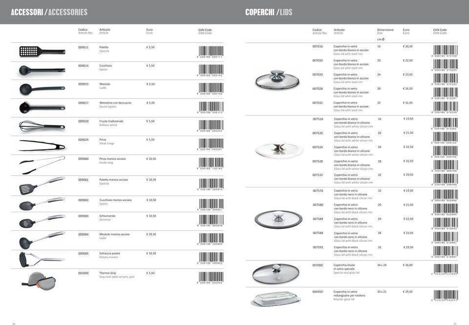 Ladle 5,50 5,50 007020 007024 007028 con bordo bianco in acciaio Glass lid whit steel rim con bordo bianco in acciaio Glass lid whit steel rim con bordo bianco in acciaio Glass lid whit steel rim 20