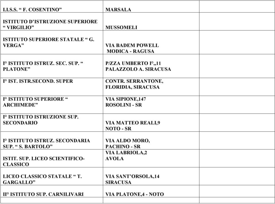 SECONDARIO I ISTITUTO ISTRUZ. SECONDARIA SUP. S. BARTOLO ISTIT. SUP. LICEO SCIENTIFICO- CLASSICO LICEO CLASSICO STATALE T. GARGALLO II ISTITUTO SUP.