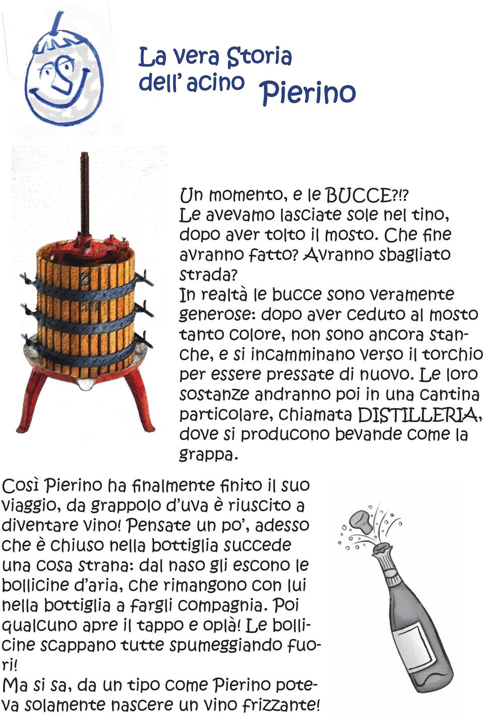 Poi qualcuno apre il tappo e oplà! Le bollicine scappano tutte spumeggiando fuori! Ma si sa, da un tipo come Pierino poteva solamente nascere un vino frizzante! Un momento, e le BUCCE?