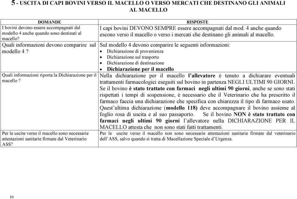 Per le uscite verso il macello sono necessarie attestazioni sanitarie firmate dal Veterinario ASS? I capi bovini DEVONO SEMPRE essere accompagnati dal mod.