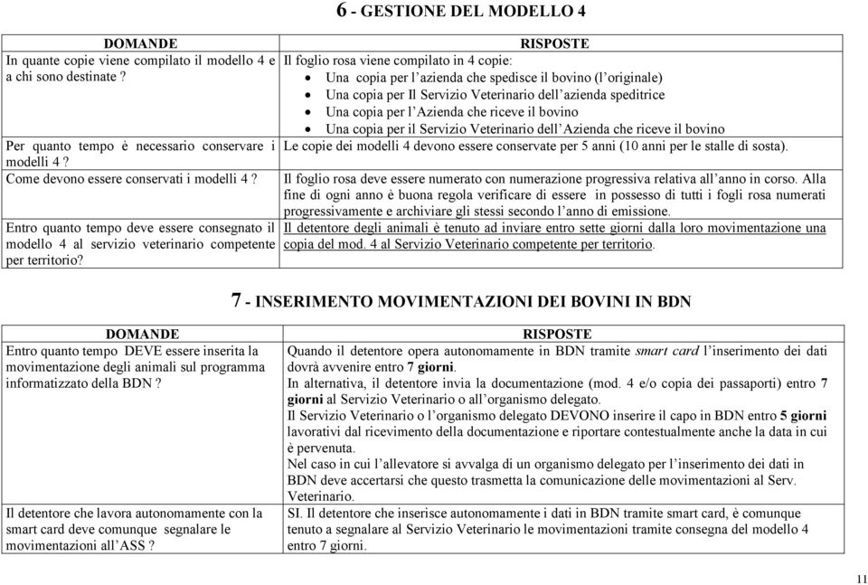 6 - GESTIONE DEL MODELLO 4 Il foglio rosa viene compilato in 4 copie: Una copia per l azienda che spedisce il bovino (l originale) Una copia per Il Servizio Veterinario dell azienda speditrice Una