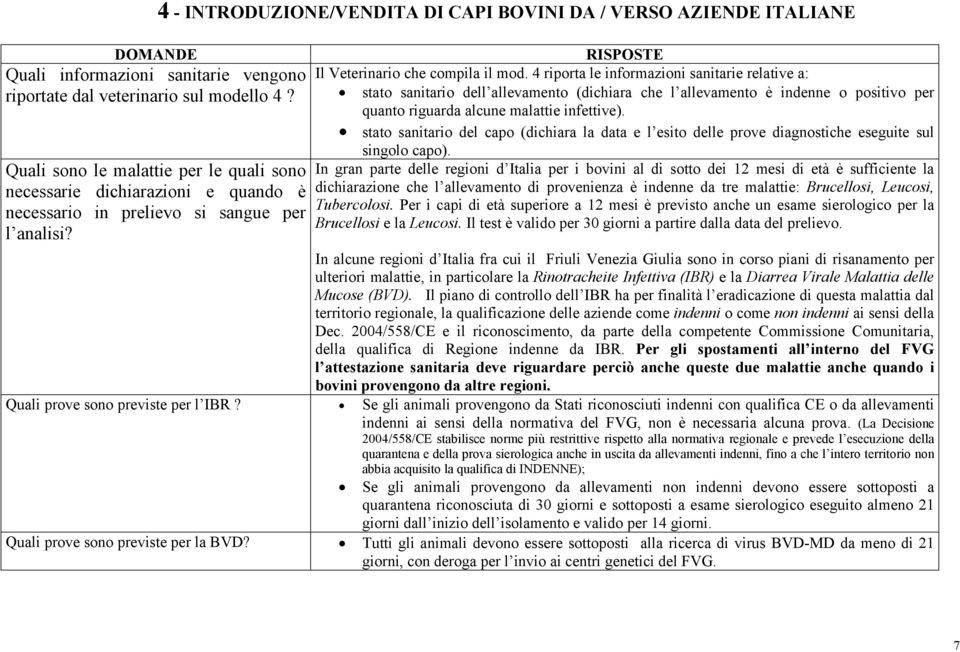 4 - INTRODUZIONE/VENDITA DI CAPI BOVINI DA / VERSO AZIENDE ITALIANE Il Veterinario che compila il mod.