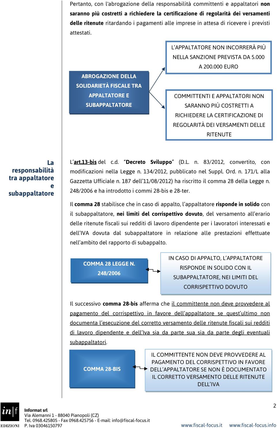 000 EURO COMMITTENTI E APPALTATORI NON SARANNO PIÙ COSTRETTI A RICHIEDERE LA CERTIFICAZIONE DI REGOLARITÀ DEI VERSAMENTI DELLE RITENUTE La responsabilità tra appaltatore e subappaltatore L art.