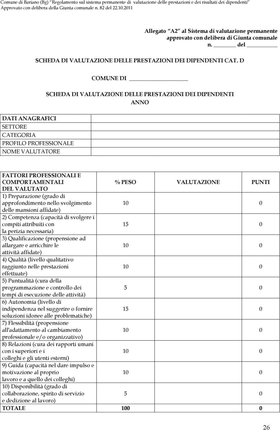 VALUTAZIONE PUNTI DEL VALUTATO 1) Preparazione (grado di approfondimento nello svolgimento delle mansioni affidate) 2) Competenza (capacità di svolgere i compiti attribuiti con 1 la perizia