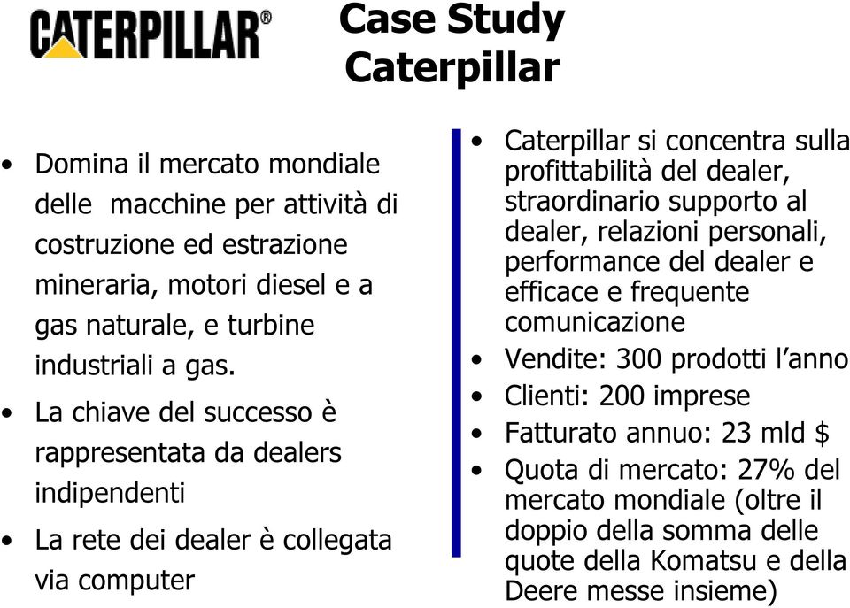 La chiave del successo è rappresentata da dealers indipendenti La rete dei dealer è collegata via computer Caterpillar si concentra sulla profittabilità del dealer,