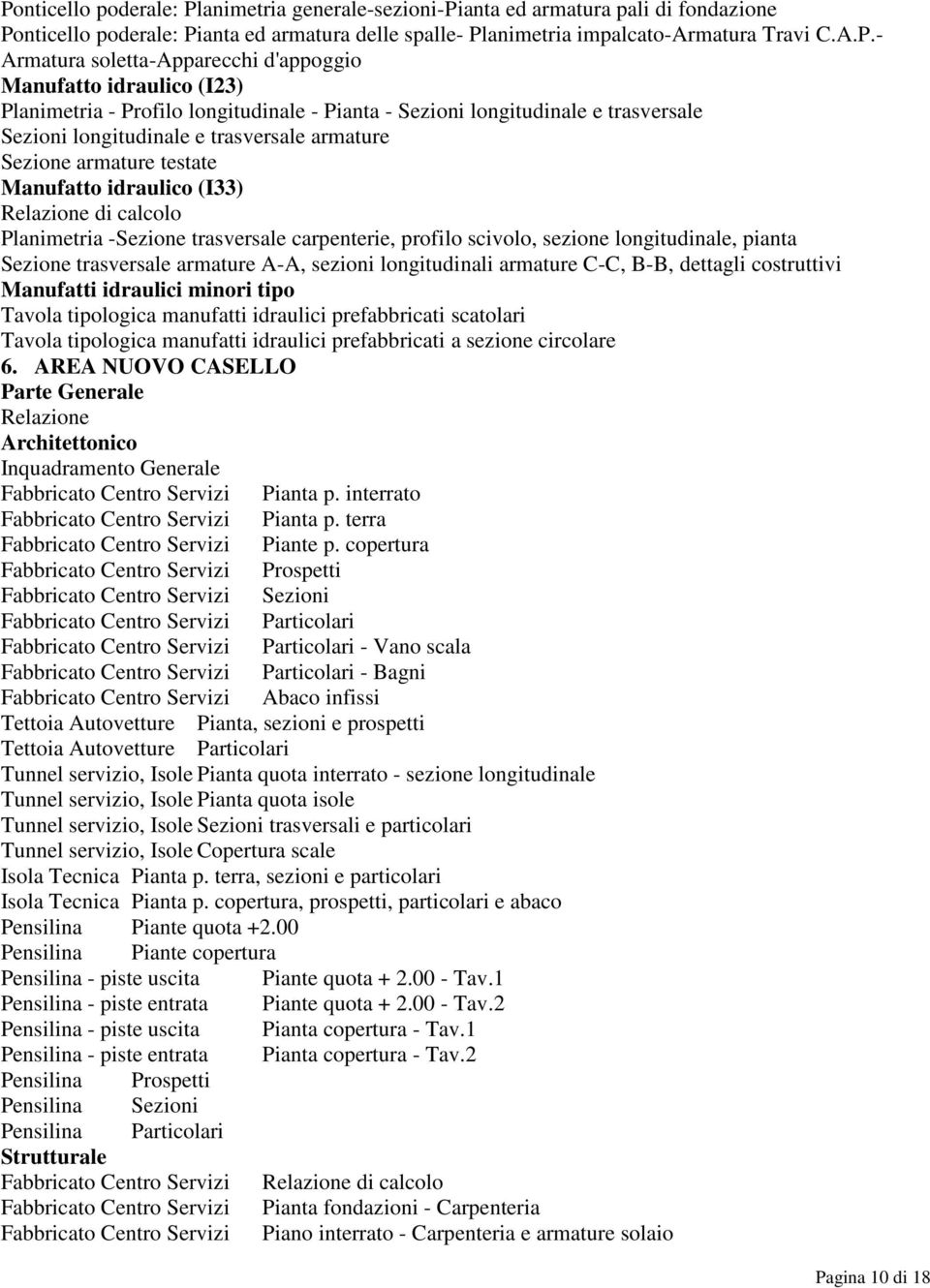 armature testate Manufatto idraulico (I33) Planimetria -Sezione trasversale carpenterie, profilo scivolo, sezione longitudinale, pianta Sezione trasversale armature A-A, sezioni longitudinali