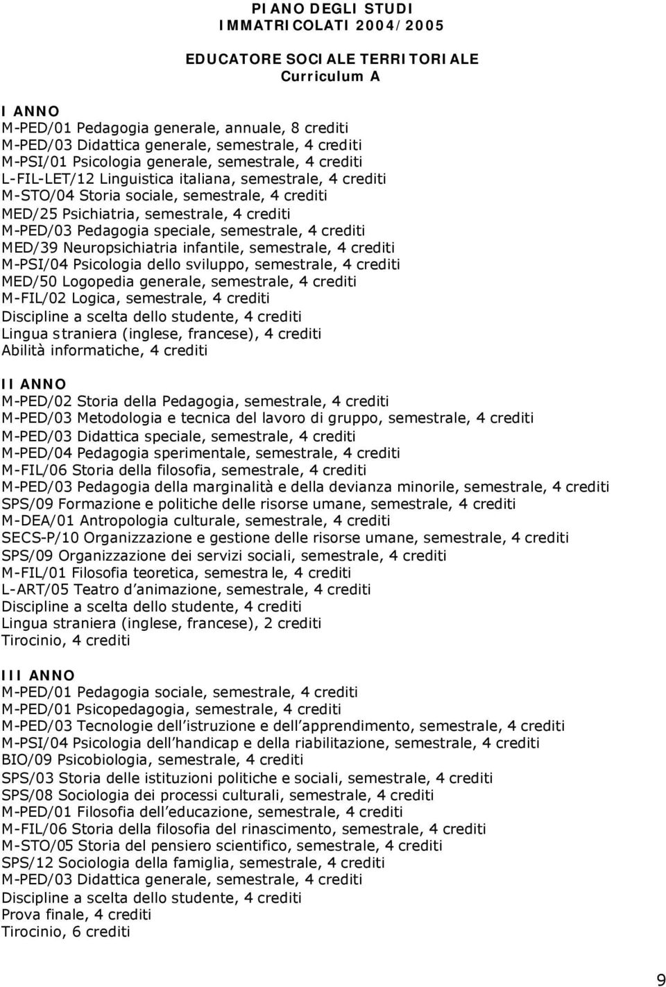 M-PED/03 Pedagogia speciale, semestrale, 4 crediti MED/39 Neuropsichiatria infantile, semestrale, 4 crediti M-PSI/04 Psicologia dello sviluppo, semestrale, 4 crediti MED/50 Logopedia generale,