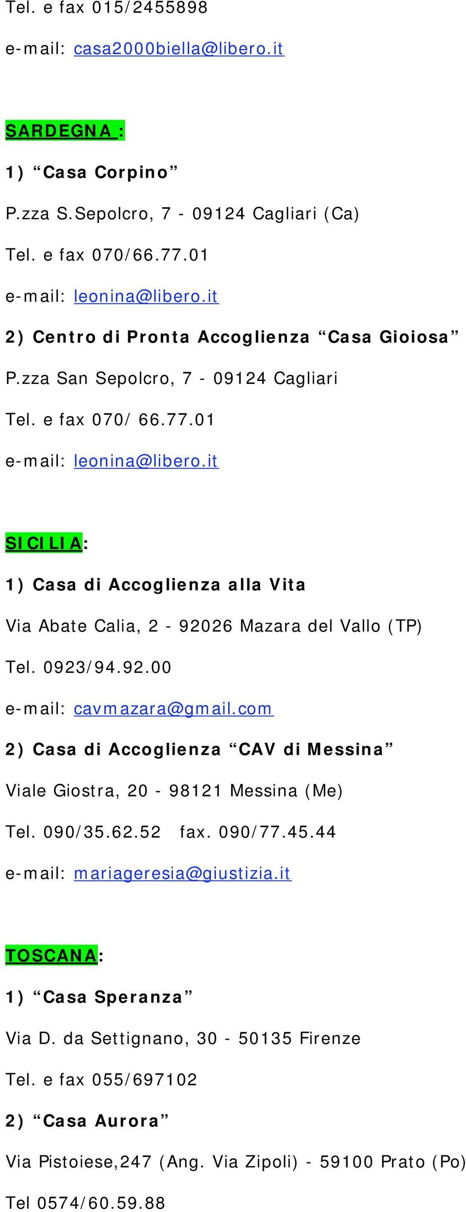 it SICILIA: 1) Casa di Accoglienza alla Vita Via Abate Calia, 2-92026 Mazara del Vallo (TP) Tel. 0923/94.92.00 e-mail: cavmazara@gmail.